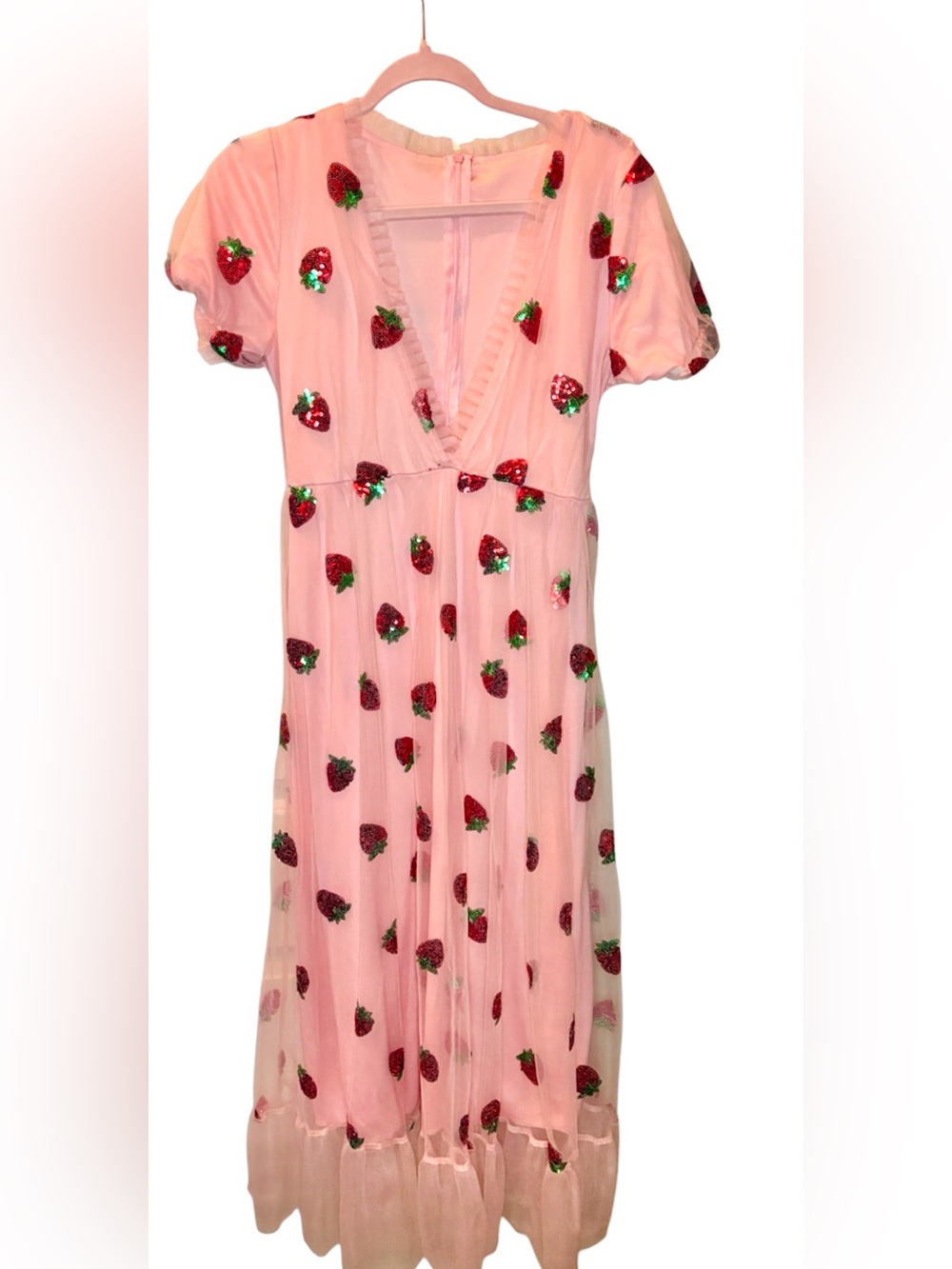 Pink Strawberry Sequin Tulle Maxi Dress Size Large Coquette NWOT - Picture 9 of 16